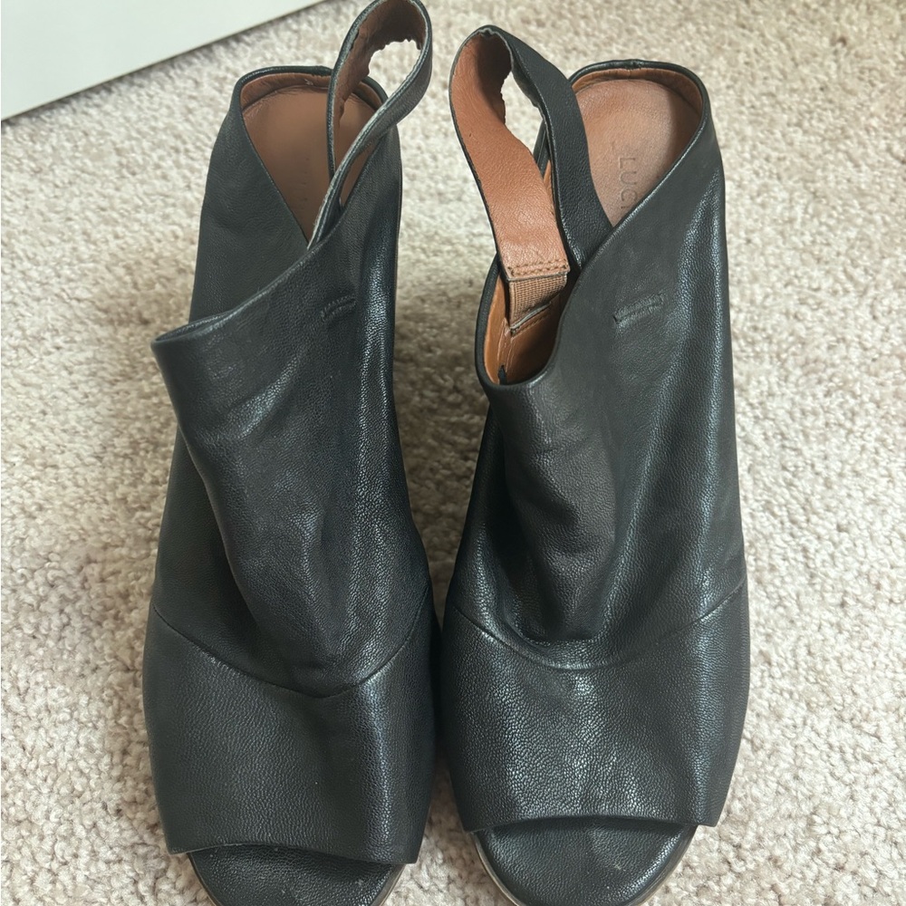 Black Leather Luck Brand Block Heels